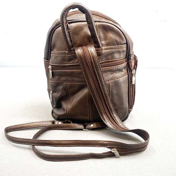 VTG 90s Pebbled Leather Patchwork Backpack Bag Womens Purse Brown Adjustable - Picture 3 of 16